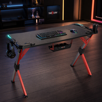 Bureau de jeu en aluminium durable avec plateau en fibre de carbone, éclairage LED RGB 8 couleurs de 1,8 cm, porte-gobelet et support pour casque