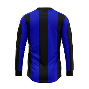 Camiseta de fútbol de otoño para hombre con diseño de rayas verticales negras y azules, 100% poliéster, cuello en V, manga larga, fútbol a prueba de viento con estilo maduro - Product Image 2
