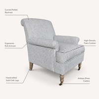 Fauteuil d'appoint en lin rayé avec accoudoirs enroulés, pieds en chêne massif et roulettes en laiton antique pour salon et hôtel