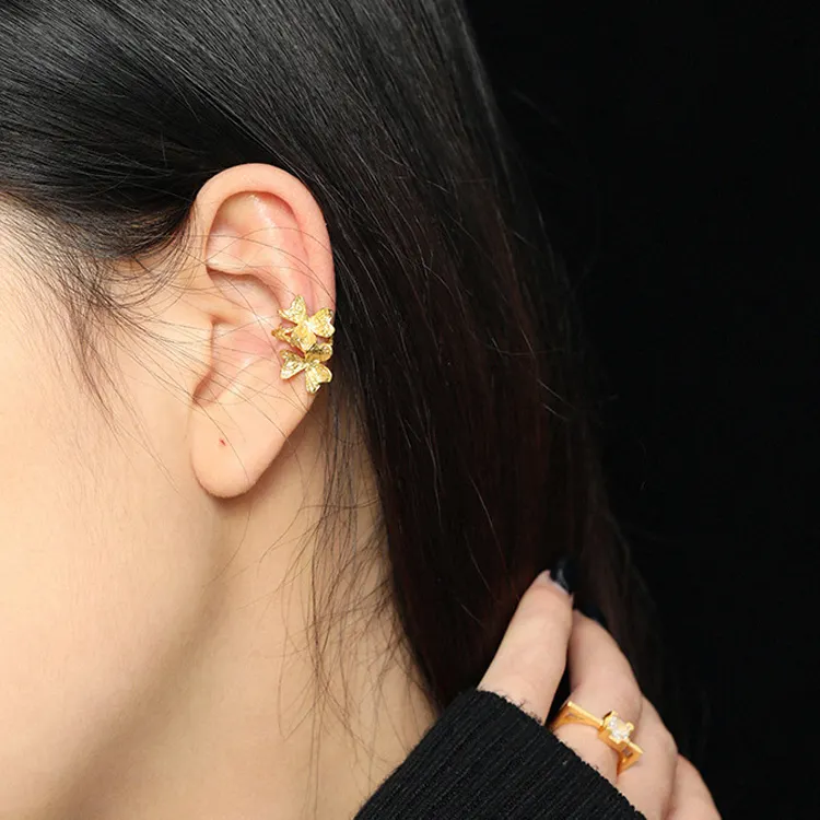 S925 Sterling Silver clover flower Round Cuff Earrings for Women Teen Girl Non Piercing Cartilage Sensitive Ear