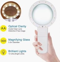 Handheld 30X LED Illuminated Magnifying Glass with 2 LED Lights Plastic Lens 30mm Diameter for Seniors Reading and Soldering