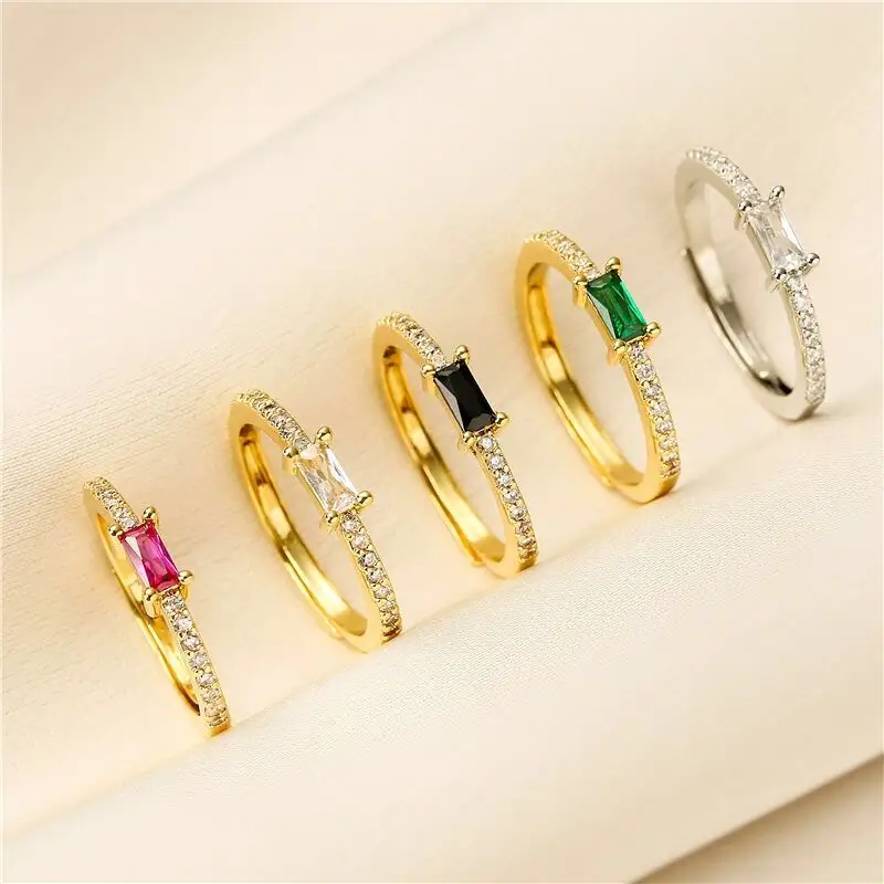 Dainty plaqué or coloré carré cristal Zircon anneaux pour femmes bijoux de mariage élégant empilable ouvert réglable mince anneau
