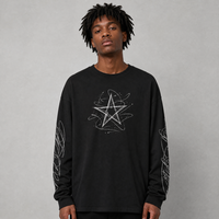 T-shirt à manches longues en coton épais personnalisé, motif étoile graffiti, épaules tombantes, col rond, délavage vintage, streetwear, OEM, marque privée