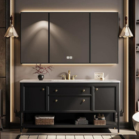 Meuble-lavabo autoportant de luxe marron café avec poignée dorée et miroir LED, armoire sur pied pour hôtel et villa - Vente en gros