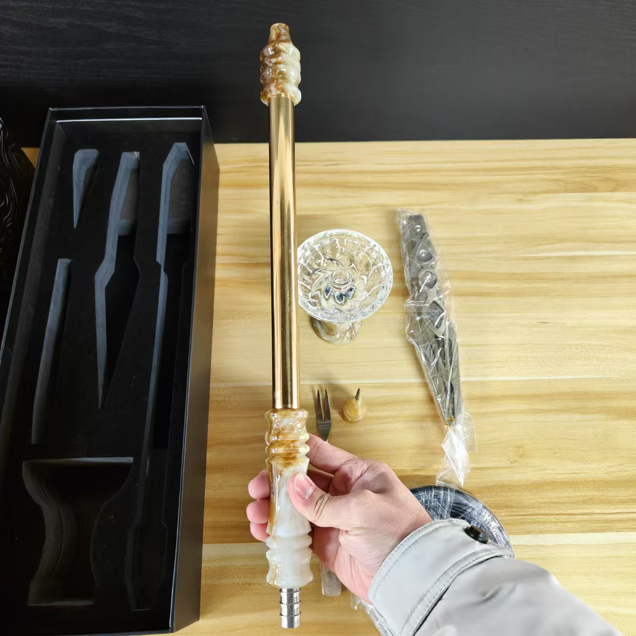 Factory Wholesale Hookah Accessories Set Chicha Stainless Steel Handle + Bowl +fork + Silicone Hose + Clip + Needle