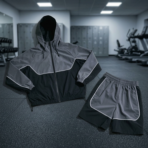 Ensemble de survêtement sportif unisexe gris et noir, coupe-vent, à capuche, fermeture éclair, manches longues, short respirant, hiver, adulte, coupe classique - Product Image 2