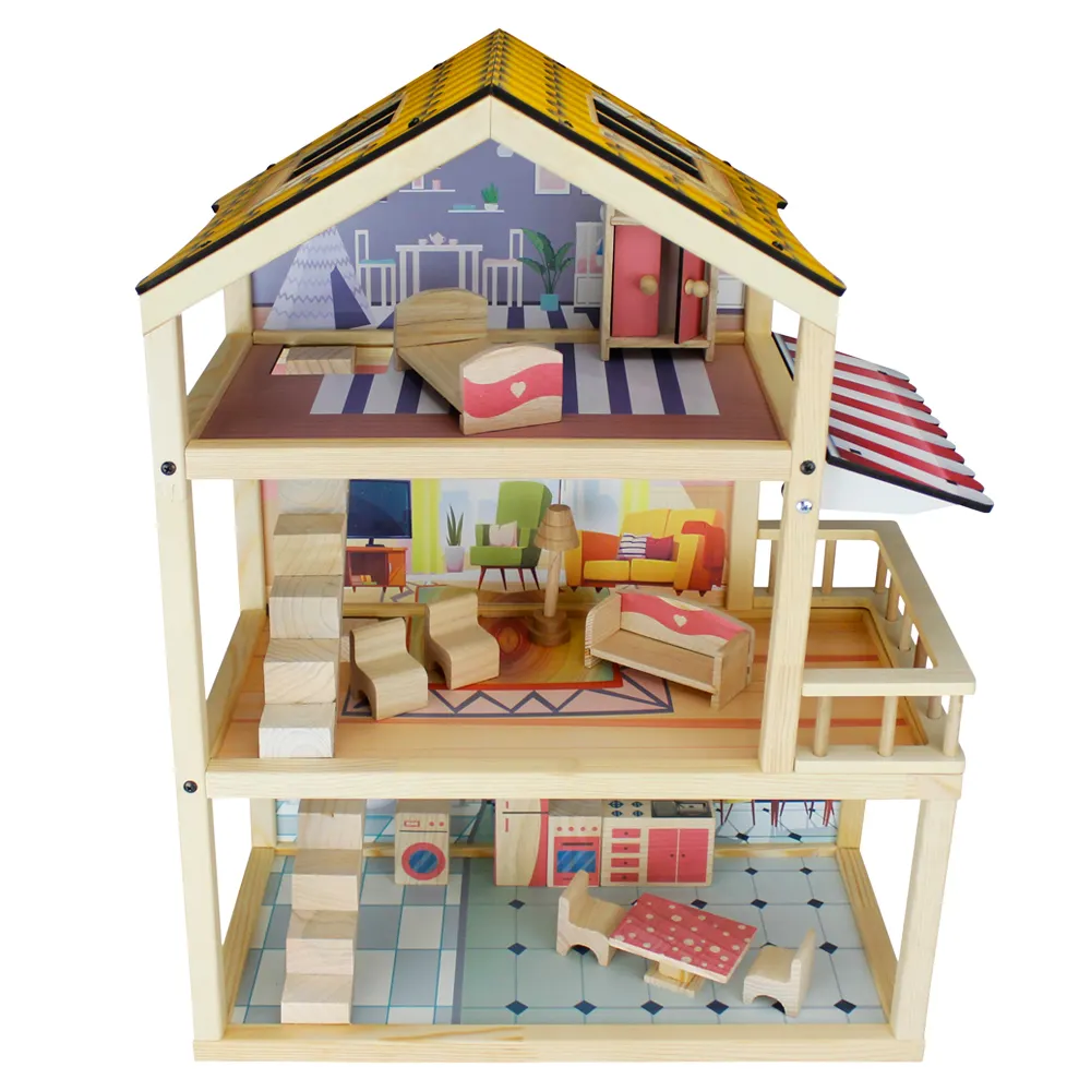 EN-71 toksik olmayan oyna Pretend bebek evi mobilya oyuncak seti kızlar için ahşap çocuk çocuklar minyatür ahşap Dollhouse fabrika