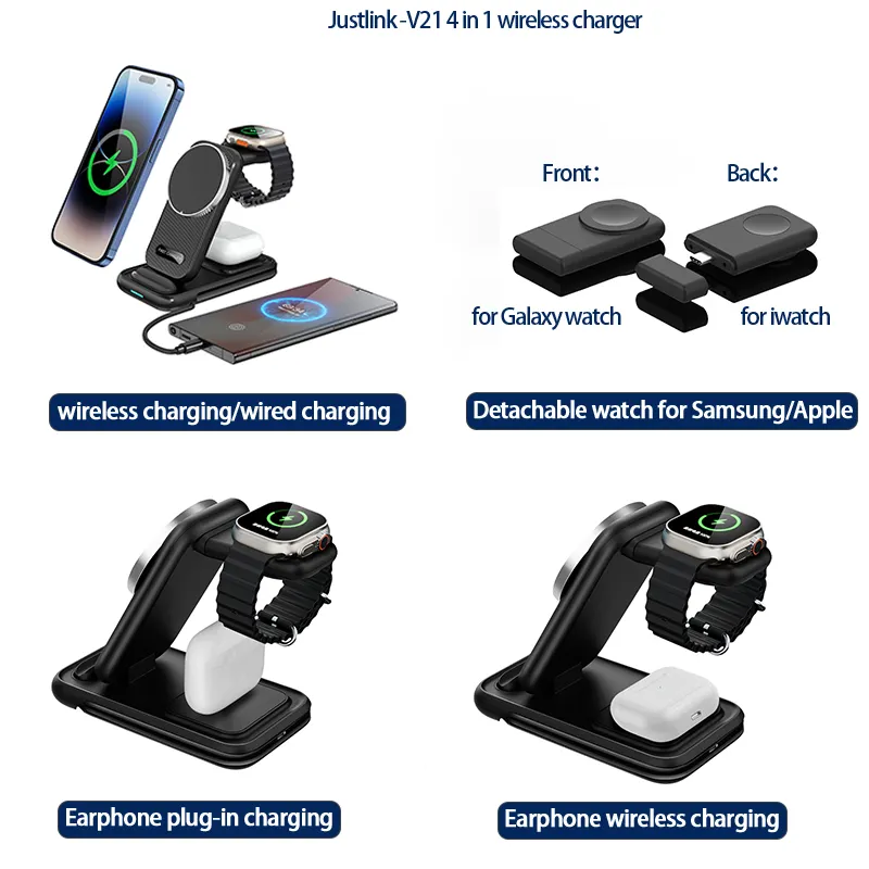 Justlink Foldable 4 in 1 wireless charger Type c 15W 3 in 1 Magnetic wireless charging for iphone iwatch Airpods Sumsang watch