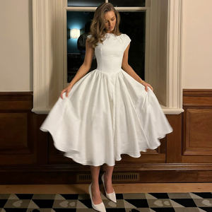 Robe midi élégante T-1545 pour femme, dos nu, taille haute, coupe trapèze, couleur unie, col rond, ourlet évasé, idéale pour l'été, le printemps, les invitées de mariage, les soirées ou les cocktails - Product Image 4