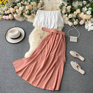 الدانتيل كشكش النساء s مجموعات اقتصاص أعلى + تمتد عالية الخصر ألف خط تنورة أنيقة أزياء الصيف 2-قطعة أعلى وأنيقة تنورة - Product Image 5