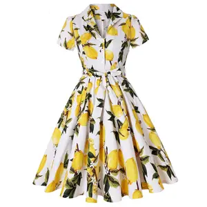 1950 Retro Yellow Lemon Print V Neck Ladies Dress with Belt Short Sleeve Lapel Vintage Dress For Women