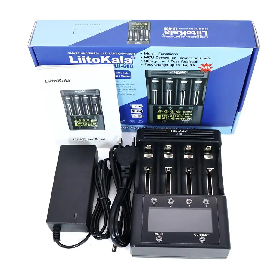 Carregador de bateria liitokala Lii-600, carregador de bateria smart lcd com 4 espaços para 18650 26650, 16340 vida útil, bateria ni-mh ni-cd 1.2v
