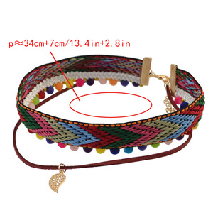 Collier ras du cou bohème multicolore <span class=keywords><strong>en</strong></span> ruban tricoté et tissé à la main, orné de pompons et d'un pendentif feuille <span class=keywords><strong>en</strong></span> alliage - Product Image 1