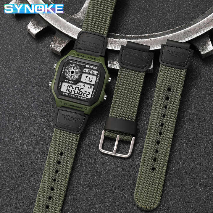 Orologio Sportivo Digitale Tbest Uomo – Cinturino In Tela Verde, Impermeabile WR30M, Luminoso, Sveglia E Cronografo