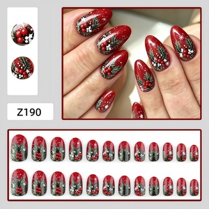 24 Uñas Postizas Ovaladas de Navidad, Color Borgoña con Purpurina, Diseño de Bayas y Copos de Nieve, Estilo Vintage Forestal, para Salón o Uso Personal - Product Image 2