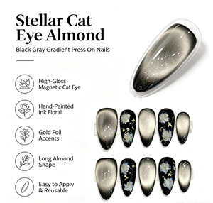 Uñas Postizas Largas Almendradas Hechas a Mano al por Mayor, Diseño Ojo de Gato Negro y Gris con Flor Blanca 3D y Lámina Dorada, Uñas Artificiales de Salón Personalizadas - Product Image 2