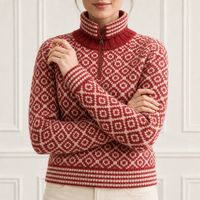 Pull Fair Isle de haute qualité pour femme, col montant zippé, crème et marron, motif géométrique, usine OEM ODM