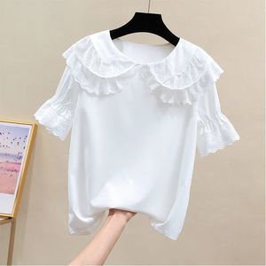 Blusa de gasa con cuello en V para mujer, nuevo estilo de verano 2024, manga corta, cuello Peter Pan con volantes, moderna, holgada, adelgazante y - Product Image 3