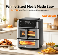 Anbolife Freidora de Aire 2 en 1 con Horno, Freidora de Aire de 6L, Horno de 7.2L, 2800W, Doble Compartimento, 9 Ajustes Preestablecidos, Pantalla Táctil, Sin Aceite, OEM ODM