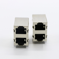 JISJACK Conector Modular Hembra RJ45 de 2-1 Puertos para PCB, 90 Grados, 8 Puertos, Blindado, 125V CA 1.5A, Chapado en Oro, Carcasa de ABS/PBT con Orificio