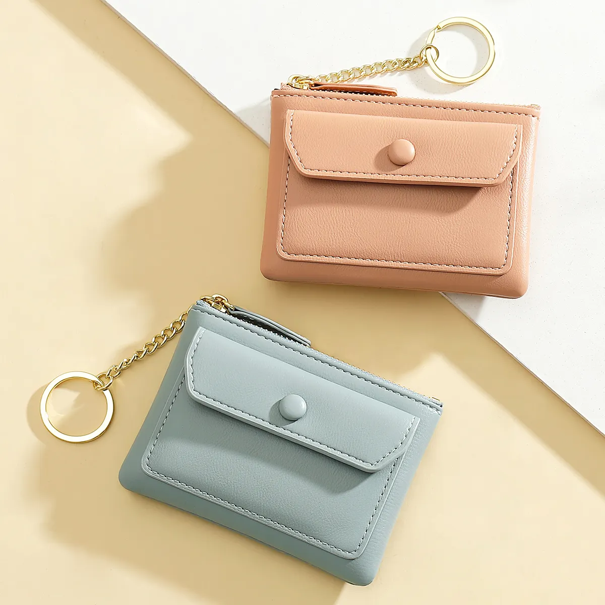 Women's Small Coin Pouch Leather Zipper Change Purse With Keychain Leather Card Holder Wallet Coin Purses