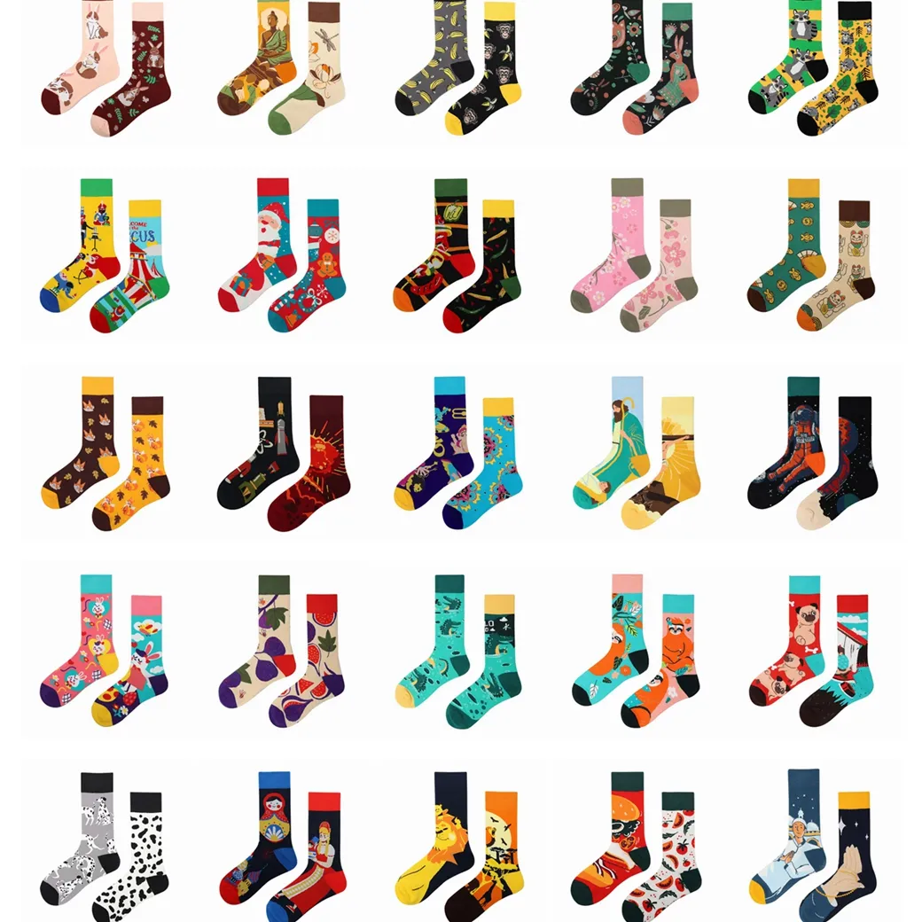 New Unisex Stylish Asymmetrical Crew Socks Cotton Mid Calf AB Socks with 82 Patterns Casual Street Style Age Group Adults