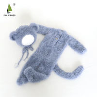 Ensemble bonnet et barboteuse à pattes en tricot doux motif éléphant moelleux, tenue barboteuse bonnet ourson en peluche, accessoires de photographie nouveau-né
