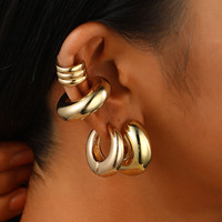 Juego de Pendientes de Aro con Clip Chapados en Oro para Cartílago, Pendientes Gruesos sin Perforación para Mujer, Joyería Minimalista de Verano