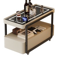 Italienischer Moderner Minimalistischer Beistelltisch mit Glasplatte Beweglicher Kleiner Holztrolley Kabellose Ladebuchse Couchtisch Wohnzimmer