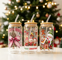 Gobelet en verre motif Noël avec couvercle en bambou et paille, en verre borosilicate transparent, pour soda, café glacé et jus