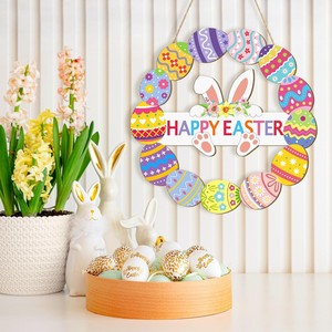 KingWIN Easter Wreath Round Wooden Bunny Egg Pendant Reusable Home Party Decoration - Product Image 2