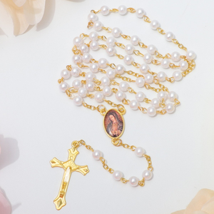 Collar de Rosario con Cuentas de 8mm Chapadas en Oro, Imitación de Perlas, Colgante de Cruz de Aleación de Nuestra Señora de Guadalupe, Joyería Religiosa Católica para Rezar - Product Image 2