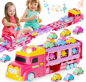 Camión de Transporte Rosa Princesa DWI, Juguetes Educativos, Camión Plegable, <span class=keywords><strong>Pista</strong></span> de Carreras con Expulsión, Coche de Almacenamiento con 4 Mini Coches - Product Image 1