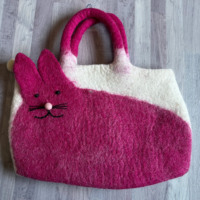 Sac fourre-tout unisexe personnalisé en feutre de laine mérinos écologique avec doublure florale, fermeture éclair, deux poignées et logo chat