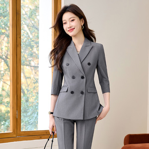 Women's Grey Suit Set Three Quarter Sleeve Blazer Anti Wrinkle Office Lady Spring Professional Attire - Product Image 1