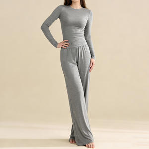 Ensemble décontracté pour femmes personnalisé, vêtements de détente <span class=keywords><strong>en</strong></span> modal de bambou de haute qualité, haut ajusté avec <span class=keywords><strong>pantalon</strong></span> ample, 2 pièces, pyjama pour femmes - Product Image 1