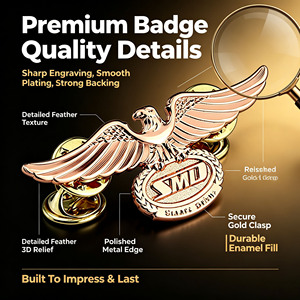 Distintivo in Metallo Personalizzato, Design <span class=keywords><strong>Ali</strong></span> d'<span class=keywords><strong>Aquila</strong></span> in Lega di Zinco, Finitura Oro Rosa, Logo 3D in Rilievo, Spille per Onorificenze, Marchi e Club - Product Image 3
