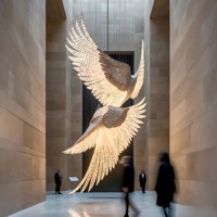 Lustre surdimensionné ANNO en forme d'ailes d'ange, luminaire suspendu LED personnalisé avec un design à plumes superposées pour les halls à plafond haut