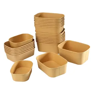 Factory Wholesale 500ml 750ml 1000ml Kraft Paper Food Container Rectangular Disposable Square Paper Bowl With Lid