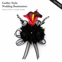Boutonnière de mariage Calla Lily, broche noire et rouge, fleur artificielle pour le marié et les garçons d'honneur, thème gothique, cérémonie de mariage, banquet