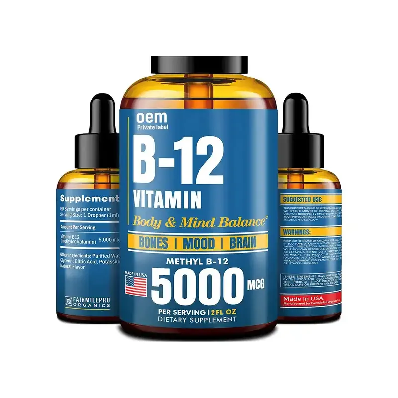 Gouttes de vitamine B12 organique Vitamine B12 Liquide sublingual Vitamine B12 Vegan Vitamine B12 5000 MCG Méthylcobalamine B12 Supplément liquide OEM