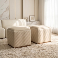 Tabouret carré beige en cuir véritable de luxe léger, idéal pour la chambre et le salon, parfait pour se préparer et changer de chaussures