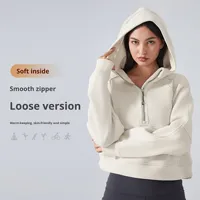 Nouveau sweat-shirt de sport de yoga ample à demi-zip à capuche pour femme en polyester/coton doublé de polaire anti-rides