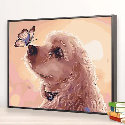 ภาพวาดศิลปะบนผนังผ้าใบตกแต่งบ้าน,ภาพวาดสีน้ำมันรูปสุนัขน่ารักแบบ DIY พร้อมตัวเลขสำหรับขายส่งพร้อมกรอบสีตามตัวเลข