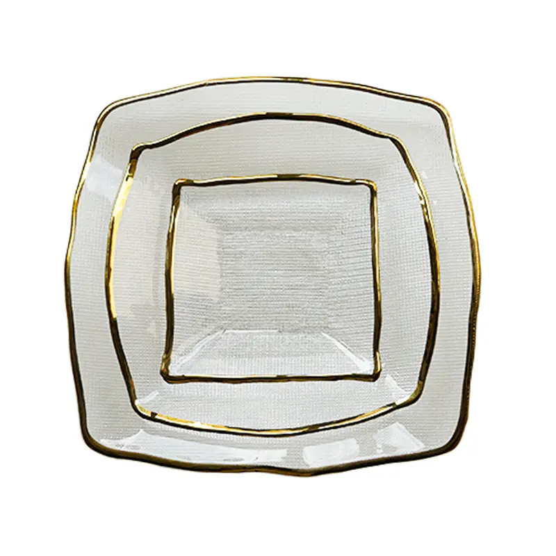 Vendite calde vetro piatto di lusso festa di nozze ristorante quadrato di cristallo di vetro con bordo oro