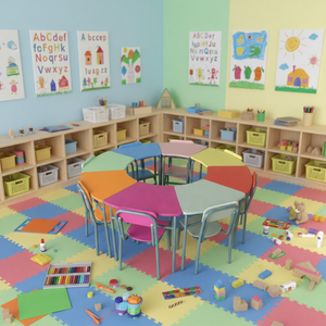 Meubles d'école maternelle, mobilier préscolaire, ensemble de table et de chaises circulaires pour enfants, table et chaises en bois colorées, ensemble de table et de chaises en métal combiné - Product Image 2