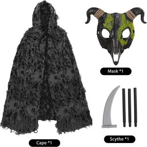 YUIQPKJX Grim Reaper Costume Black Tattered Cape With Hood Gothic Goat Mask Halloween Robe For Adults Unisex - Product Image 3