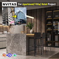 Armoires de cuisine modernes NVITAS en blanc avec portes en stratifié et en verre, design modulaire pour les projets d'hôtels, d'appartements et de villas