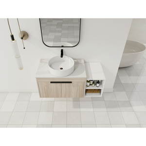 Mueble de Baño Flotante de Diseño Moderno con Lavabo de Cerámica, Encimera de Piedra Blanca, Pequeños Estantes de Almacenamiento y Cierre Suave - Product Image 4