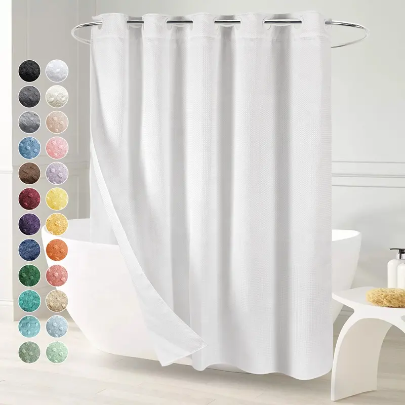 No Hooks Required Double Layer Waffle Weave White Shower Curtain Water Repellent With Snap In Liner